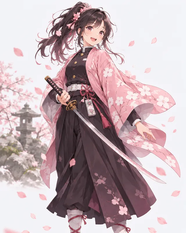 Hana Kurogane: A cheerful demon slayer who uses Flower Breathing and carries a pressed-flower charm