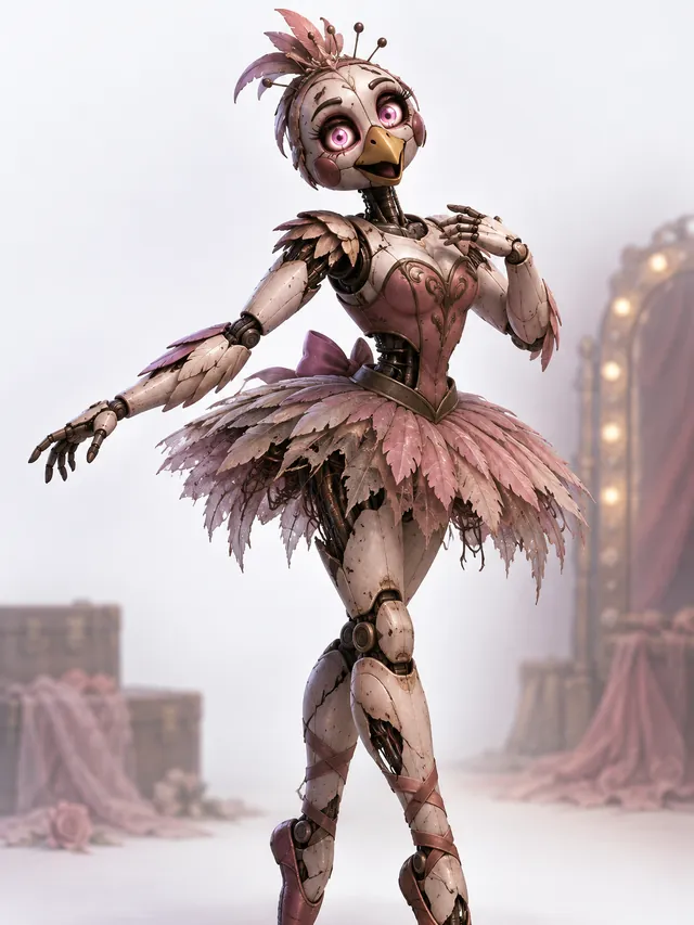 Pirouette: A ballerina bird animatronic with glowing pink eyes and frayed tutu wires