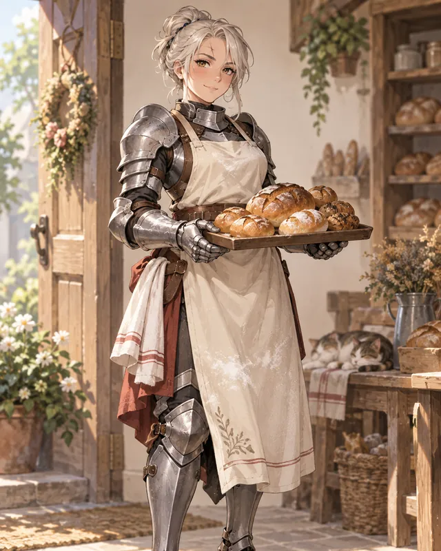 Dame Brioche: A retired knight who now runs a tiny bakery, scar across one eyebrow, flour on her gauntlets