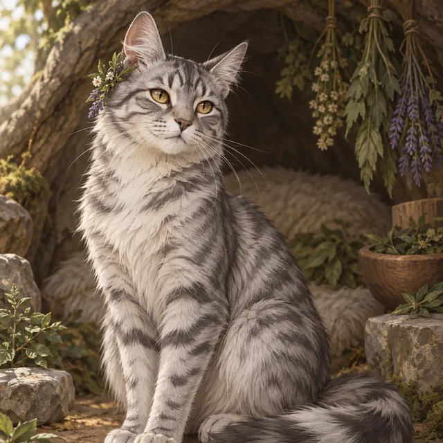 Sagewhisker: A silver tabby medicine cat with amber eyes and herbs tucked behind one ear